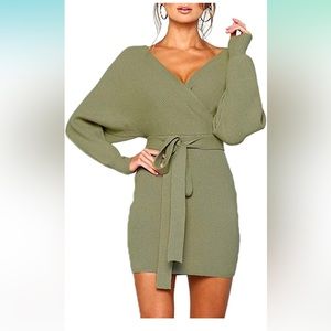 Mansy Women's Cocktail Batwing Long Sleeve Backless Wrap Knit Sweater Mini Dress